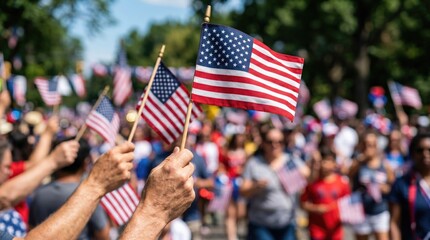 Obraz premium Diverse Crowd Holding American Flags at Patriotic Community Parade Celebration Concept of National Pride Unity and Independence Day Festivities for Social Media Content