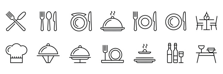 Catering thin line icon set featuring fork, spoon, knife, plate, cloche, chef hat, beverage symbols, and restaurant tableware vector illustrations © Elizabeth Profit