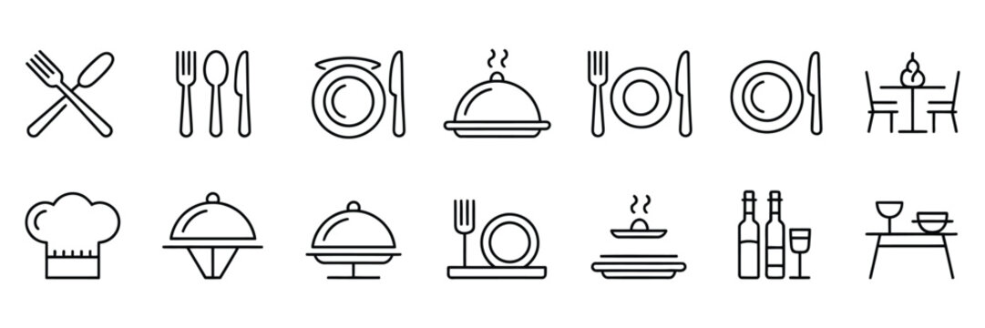 Catering thin line icon set featuring fork, spoon, knife, plate, cloche, chef hat, beverage symbols, and restaurant tableware vector illustrations