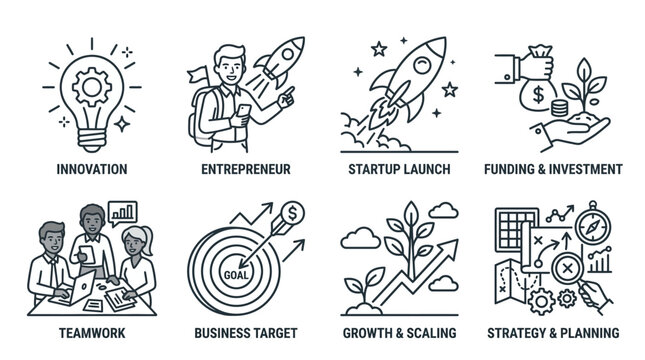 Business icons depict innovation and strategy in a modern office setting with entrepreneurs.