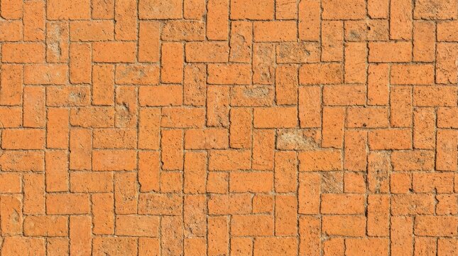Brick paving stone pattern. Seamless sidewalk texture. Paved brown patio block driveway design. Seamless terracotta paving stone texture background, interlocking orange brick pattern with copy space