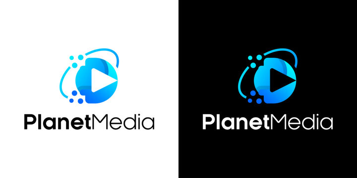 Planet Media Typography Logo Design Featuring Creative Play Button and Orbital Ring Symbol for Digital Streaming, Video Content, Entertainment Platform, and Corporate Branding Identity