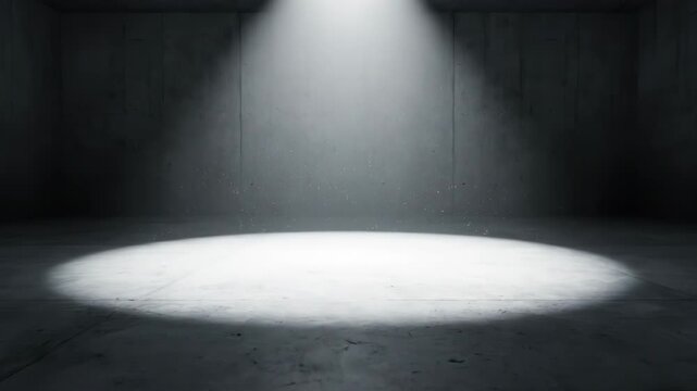 Empty dark concrete room with a single overhead spotlight illuminating a circular pool of light on the floor, creating a dramatic atmosphere with dust particles in the air.