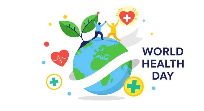 World Health Day flat vector illustration with globe hearts and people supporting each other