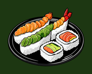 Appetizing Japanese sushi combo platter featuring fresh nigiri and maki rolls with crispy shrimp tempura for Asian restaurant menu - Vector Illustration © powdesign