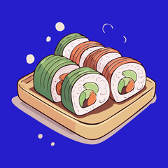 Delicious Japanese sushi roll platter featuring fresh avocado and salmon maki nicely arranged on a wooden board for menu design - Vector Illustration © powdesign