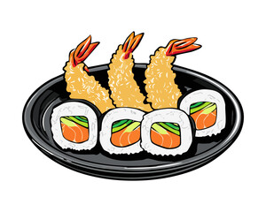 Golden crispy Japanese shrimp tempura arranged neatly with fresh maki rolls on a dark plate for premium Asian seafood menu - Vector Illustration © powdesign