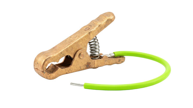 Brass grounding clamp with green wire isolated on transparent background