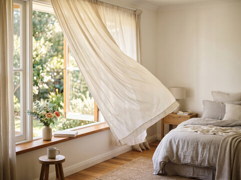 Bright bedroom with open window and flying curtains