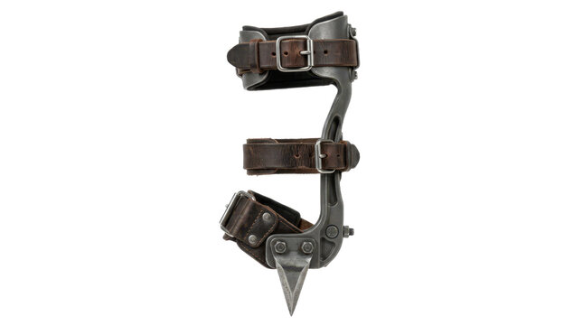 Tree climbing spur with leather straps isolated on transparent background