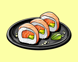 Delicious Japanese sushi bowl featuring assorted sushi maki rolls filled with cream cheese and salmon skin - Vector Illustration © powdesign