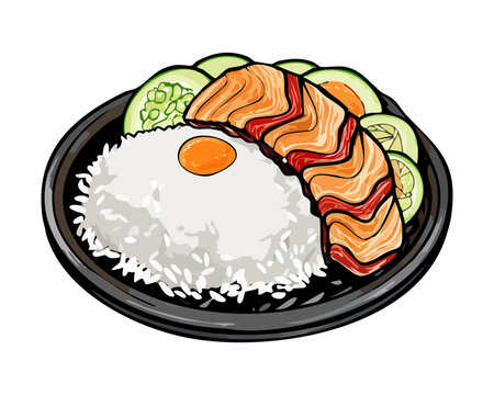 Delicious Japanese rice bowl featuring savory chicken katsu curry rice plate with rich brown gravy sauce and - Vector Illustration