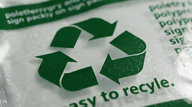 Close up of green recycling symbol on plastic packaging with text easy to recycle.