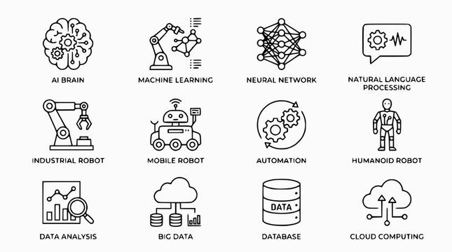 AI Technology Icons: Brain, Robots, Network, Data, Cloud Computing