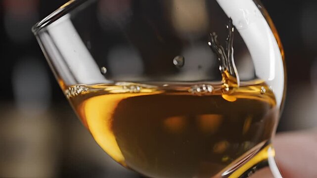 Closeup of amber liquid swirling in a clear glass showcasing its rich color and texture.