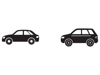 Obraz premium Two black car silhouettes side view on white background sedan and SUV vehicle icons transportation graphics