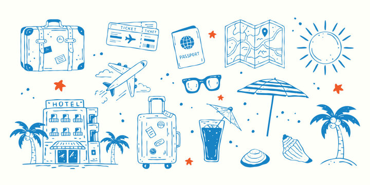 Beach travel hand drawn doodle icons set. Vector summer vacation elements including hotel, suitcase, passport, airplane, ticket, map, beach umbrella, sun, sunglasses, cocktail and luggage