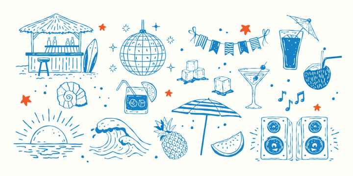 Beach party hand drawn doodle icons set. Vector summer vacation elements including cocktails, beach bar, ice, beach umbrella, music, speakers, fruits, disco ball, sunset, waves and garland