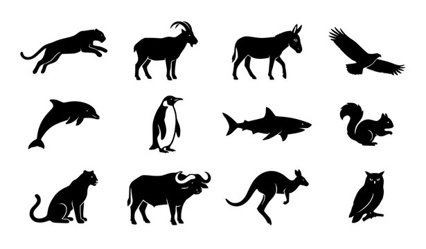 Assorted black animal silhouettes vector illustration with different wildlife poses isolated on white