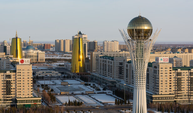 The capital of Kazakhstan, the city of Astana, on a winter evening