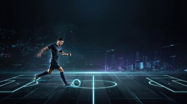 Futuristic soccer player in digital stadium, male athlete running with ball on neon glowing field, concept of virtual reality sports technology and cybernetic athletic training