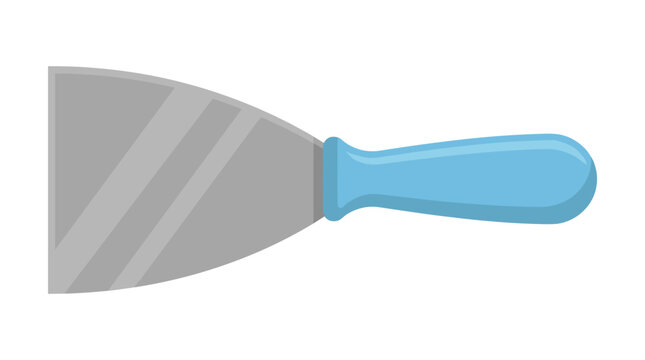 Blue handled metal putty knife tool for construction.