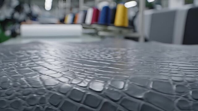Closeup of Textured Gray Material in a Sewing Workshop.