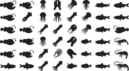 Obraz premium Collection of black silhouettes of various sea creatures on white background