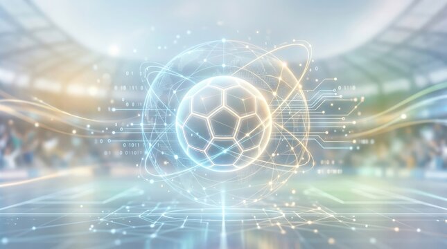 Futuristic digital soccer ball floating in a high tech stadium with data streams and circuit patterns representing advanced sports analytics and technology