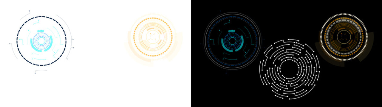 PNG image of Futuristic HUD elements, a collection of glowing UI circles and abstract digital interfaces. Modern technology graphics for data visualization and user experience design. isolated