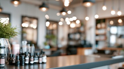 Obraz premium A modern, softly lit salon interior with bottles of beauty products on a countertop and green plants adding freshness to the space.