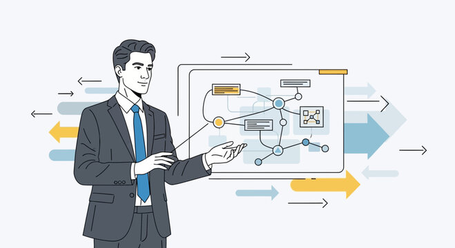 Businessman presenting a flowchart with arrows indicating progress and data flow