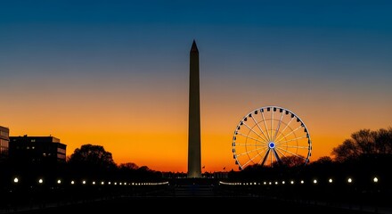 Obraz premium Washington monument and ferris wheel silhouetted against vibrant sunset cityscape.