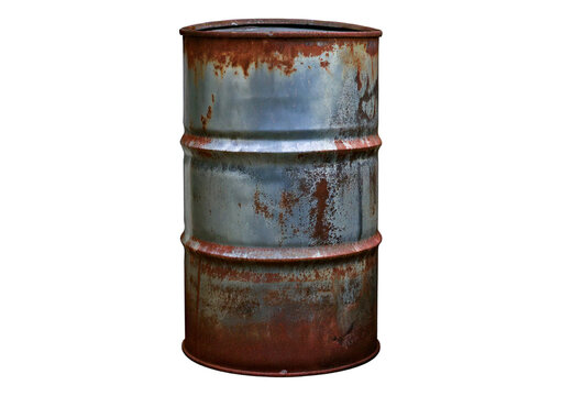 Old rusted Silver steel oil barrel isolated on transparent or white background
