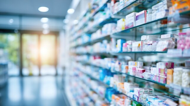 Shelves filled with various medicines and health products in a brightly lit pharmacy aisle, with a blurred background of the store interior.