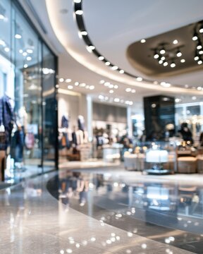 Modern shopping mall interior with glossy floors, bright lighting, and clothing displays, creating a spacious and upscale retail atmosphere.