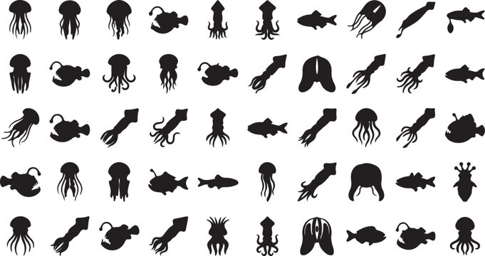 Collection of various sea creatures silhouettes on white background  ocean animals icons