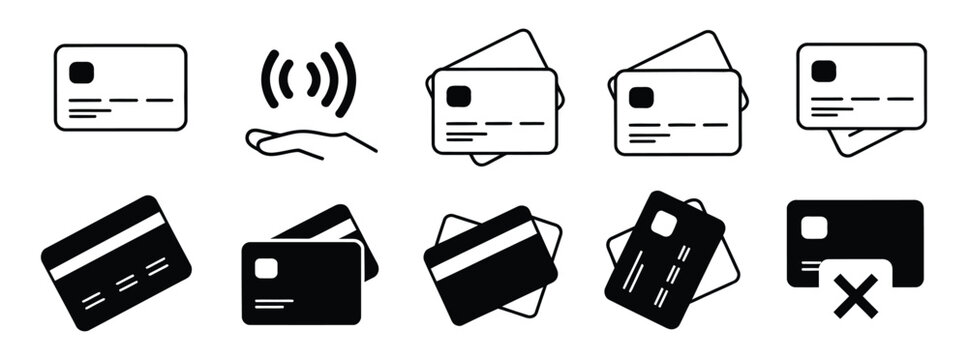 Credit card vector icons in flat and thin line style featuring payment symbols, banking interface graphics, and digital  illustration