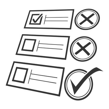 Three user interface elements for forms, showcasing checkboxes, an 'x' mark, and a large check mark, indicating selection