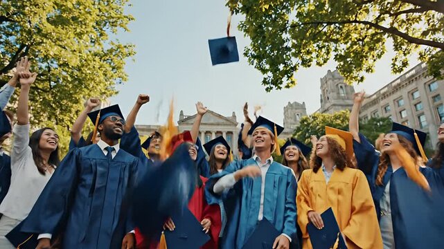 Diverse group of happy graduates celebrating graduation day throwing caps in the air.