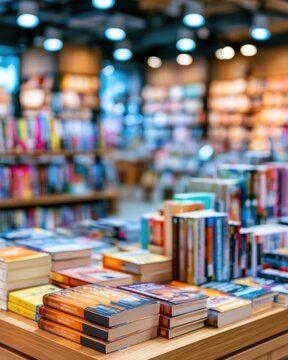 A colorful bookstore interior with stacks of books on wooden tables and shelves, illuminated by hanging lights creating a warm, inviting atmosphere.