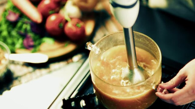 Blending Hot Vegetable Soup Puree With Hand Immersion Blender In Glass Pot. Healthy Organic Meal 