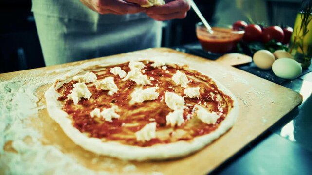 Adding Fresh Mozzarella Cheese Pieces On Raw Pizza Dough With Tomato Sauce. Italian Meal 