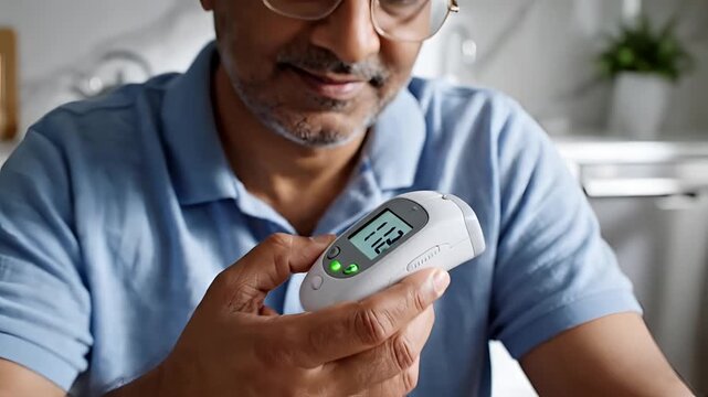 Man checks blood glucose levels with a portable meter at home.