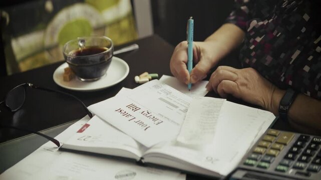Woman Writing Notes Checking Energy Bill Document With Calculator. Home Budget Management 