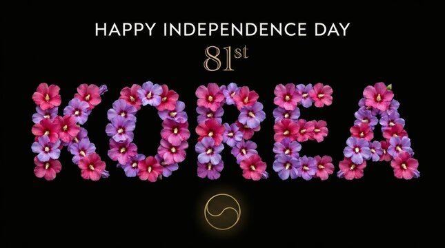 Floral Korea Typography Celebrating 81st Independence Day on Black Background