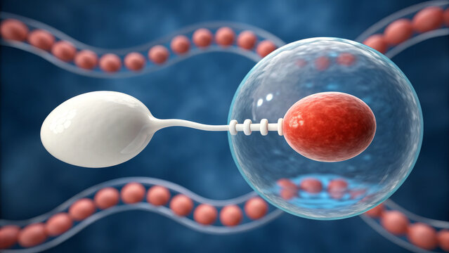 Embryo and Sperm concept ,Sperm cell fertilizing egg cell with DNA strand in background showing molecular bonding process