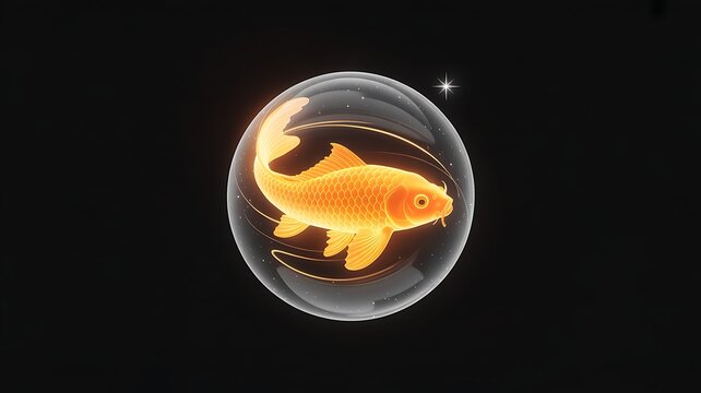 A goldfish swims inside a clear glass sphere on a dark background.