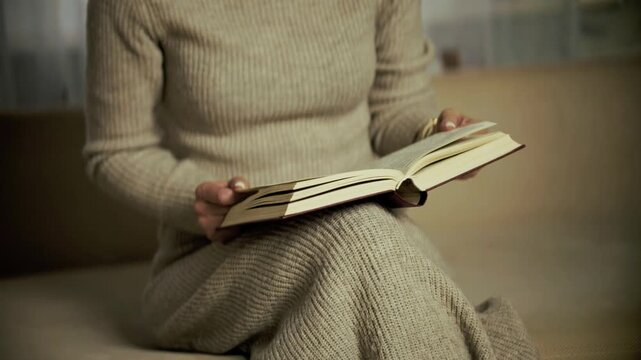 Woman Enjoying Reading Romance Novel Open Book Sitting On Couch. Romantic Literature On Leisure Weekend