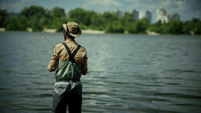 Angler Standing In River Water Holding Rod Catching Fish. Summer Weekend And Outdoor Sport Leisure Recreation